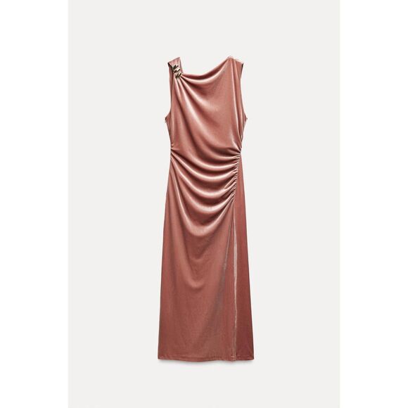 Pink Zara Asymmetric Neck Gathered Ruched Side Slit Sleeveless Midi Dress (NWT) - Picture 8 of 8
